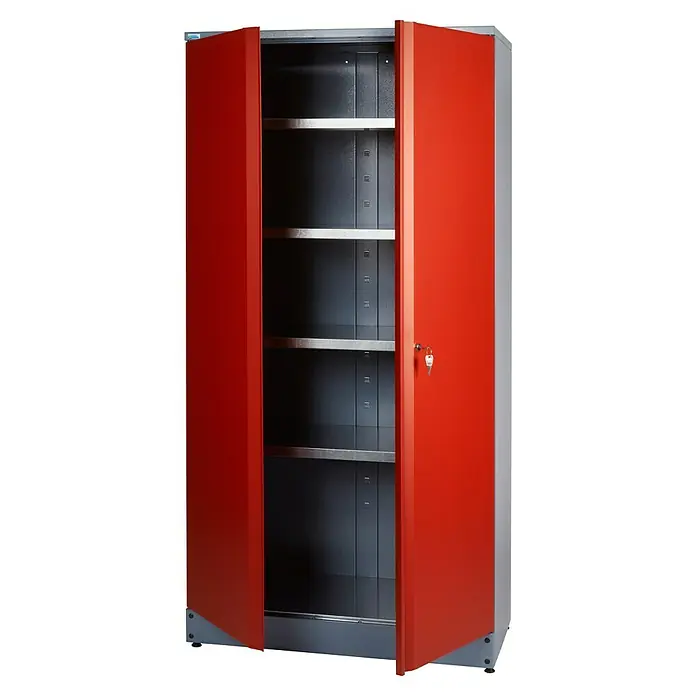 Küpper Werkstatt-Hochschrank - L x B x H: 45 x 91 x 180 cm, Anzahl Türen: 2 Stk. - Stahlschrank mit roten Türen und mehreren Regalen. Ideal zur Aufbewahrung von Werkzeugen und Materialien in Werkstätten.