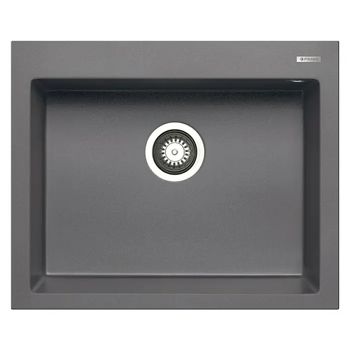 Pyramis Einbauspüle Istros - B x L: 61 x 50 cm, Iron Grey - Bild einer modernen, eckigen Spüle in Grau mit einem mittigen Abfluss, ideal für jede Küche.