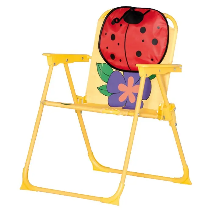 Siena Garden Marie Kinder-Gartenmöbel-Set -  - Gelber Kinderstuhl mit einem Marienkäfer und einer Blume auf der Rückenlehne, ideal für den Garten oder das Kinderzimmer.