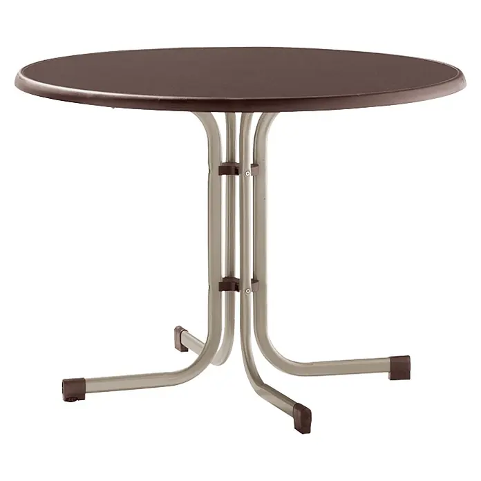 Sieger Balkontisch rund - Ø x H: 100 x 72 cm, Stahl, Mecalit, Klappbar, Champagner/Mocca - Ein runder Tisch mit brauner Tischplatte und grauem Metallfuß, ideal für den Innen- und Außenbereich. Praktisch und stabil.