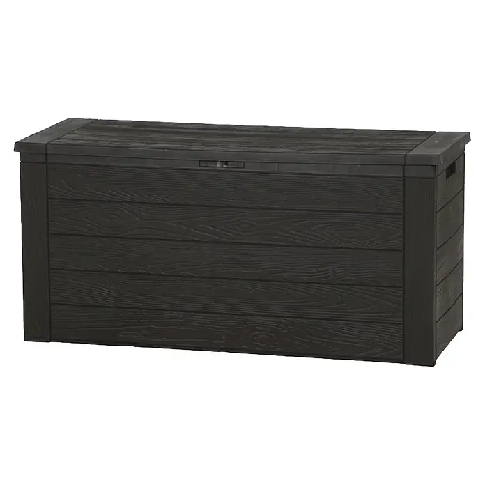 Jelenia Plast Garten-Aufbewahrungsbox Woody - 119 x 45 x 57 cm, Kunststoff, Anthrazit - Eine dunkle Gartenbox mit Holzmaserung für die Aufbewahrung von Gartenutensilien und Outdoor-Zubehör.