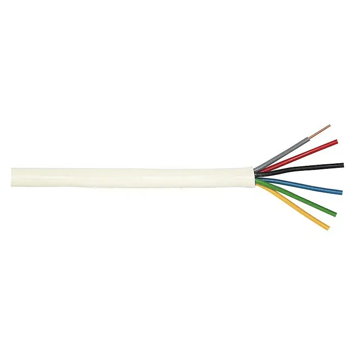 Klingelleitung Meterware YR 6x0,8 mm² - Anzahl Adern: 6, Weiß - Das Bild zeigt ein Kabel mit mehreren farbcodierten Drähten, die aus dem weißen Mantel herausragen, was die interne Zusammensetzung hervorhebt.