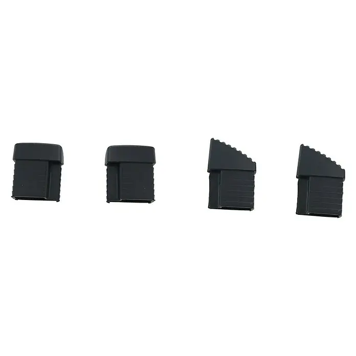 Fußkappen Futosa - Passend für den Futosa Klapp- und Relaxsessel - Vier schwarze Möbelgleiter mit unterschiedlichen Designs, die Schutz und Stabilität für Möbel auf verschiedenen Oberflächen bieten.