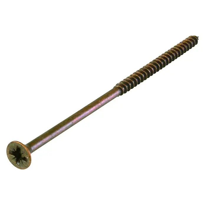 Stabilit Spanplattenschraube - Ø x L: 4 x 40 mm, Brüniert, 125 Stk., Senkkopf, Kopf-Kreuzschlitz (Pozidriv) - Eine Nahaufnahme einer einzelnen, langen Holzschraube mit einem Kreuzschlitzkopf auf einem weißen Hintergrund.