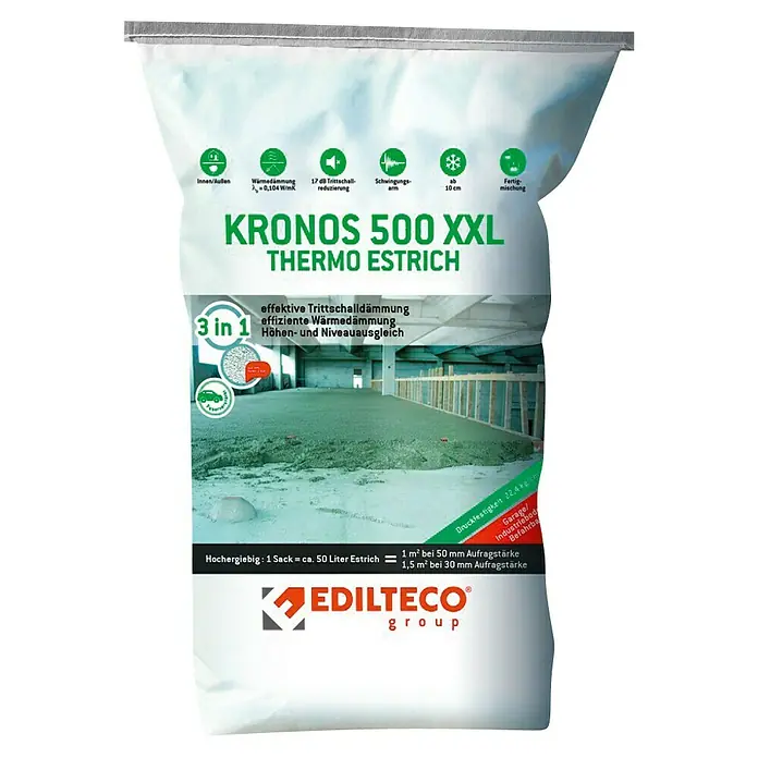 Thermo-Estrich Kronos 500 XXL - 50 l, Körnung: 2 mm - Bild eines Sackes KRONOS 500 XXL THERMO ESTRICH, einem Fertigmischung für Wärme- und Trittschalldämmung, ideal für Garagen und Industrieböden.