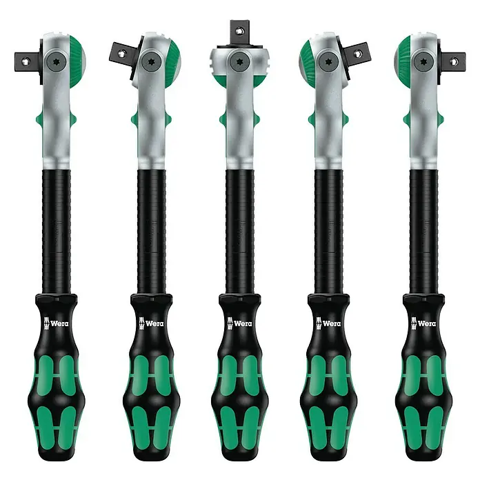Wera Steckschlüssel-Set Zyklop 8100 - 29 -tlg., Antriebsgröße: ⅜″ - Fünf Wera Knarren mit ergonomischem Griff und robustem Kopf, ideal für präzises Schrauben in verschiedenen Anwendungen.