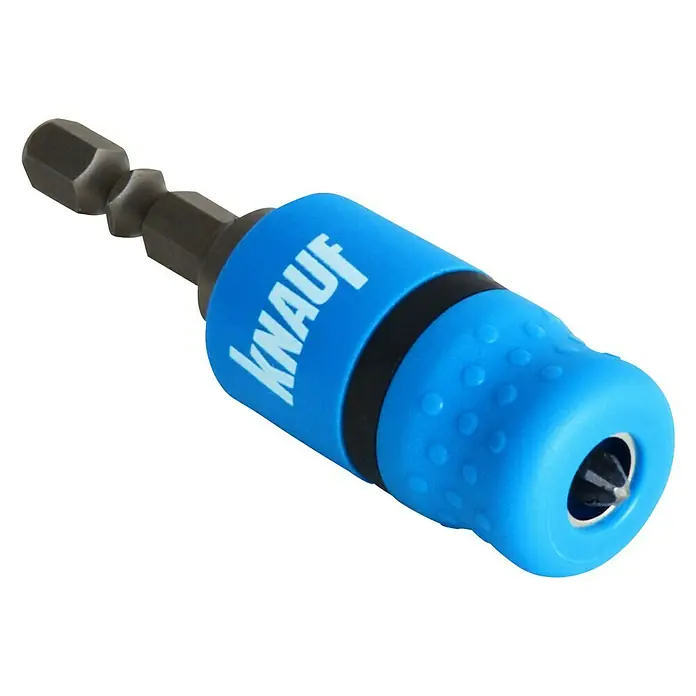 Knauf Schraubvorsatz - HK11 - Bild eines Knauf Bithalters, ein Werkzeug zum einfachen Wechseln von Bits mit blauem Griff und schwarzem Ring.