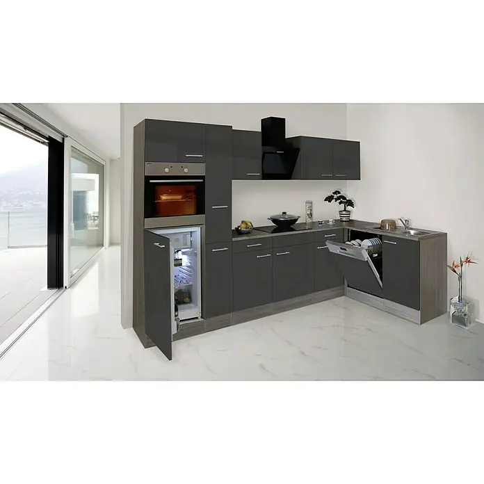 Respekta Winkelküche Oliver - B x T: 310 x 172 cm, Grau, Mit Elektrogeräten - Moderne Küche mit grauen Hochglanzfronten, integriertem Kühlschrank und Geschirrspüler. Ein stilvolles Design für kulinarische Genüsse in Ihrem Zuhause.