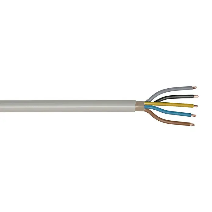 Mantelleitung Meterware NYM-J 5x10 mm² - Anzahl Adern: 5, 10 mm², Grau - Ein graues Elektrokabel mit fünf farbcodierten Innenleitern, die aus der Ummantelung herausragen, für vielfältige elektrische Installationen.