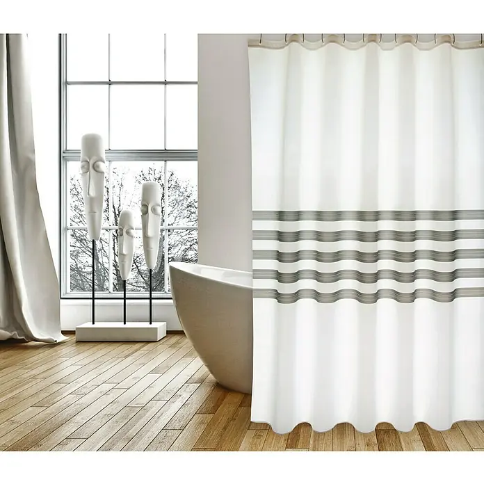 Venus Cortina de baño Jessen - An x Al: 180 x 200 cm, Plástico, Blanco - Cortina de ducha con rayas horizontales grises en un baño elegante para una experiencia de baño relajante.