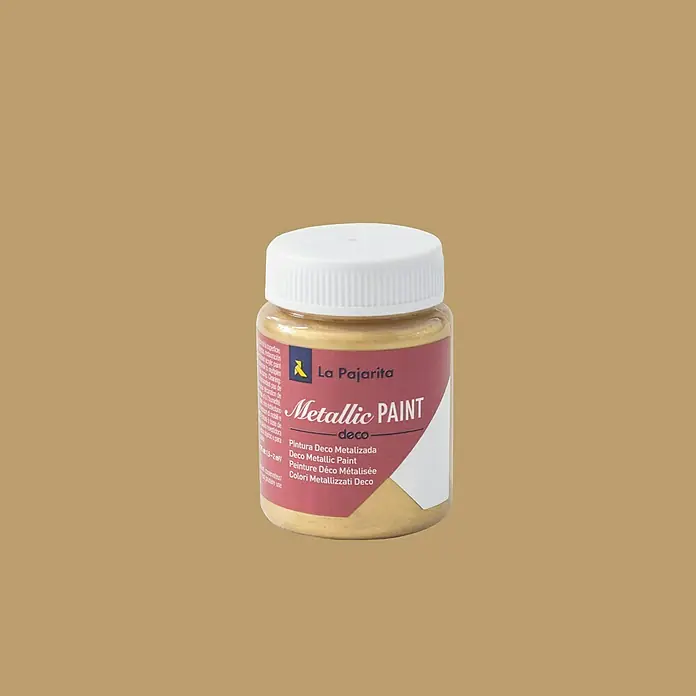 La Pajarita Pintura Metallic Paint - Rich gold, 75 ml, Brillante - Primer plano de un bote de pintura metálica La Pajarita, ideal para manualidades y decoraciones, con un brillo metálico.
