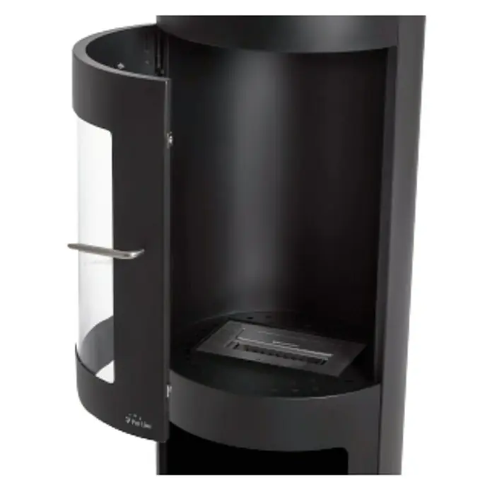 Purline Chimenea de bioetanol Bestfire - 46 x 46 x 112 cm, Negro - Primer plano de una chimenea de etanol negra con puerta de cristal abierta que revela el quemador.