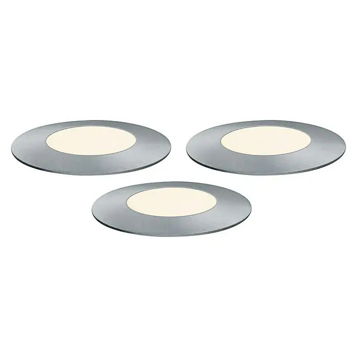 Paulmann Plug & Shine LED-Gartenspot-Set Floor Mini Ergänzung - 3 Stk., 24 V, 2,5 W, IP65 - Drei runde LED-Einbaustrahler mit silberfarbenem Rahmen und warmweißem Licht auf einem weißen Hintergrund.