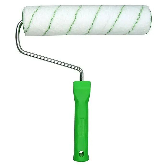 swingcolor Premium LasurrollerBreite Walze: 25 cm, Bügelstärke: 6 mm, Bügellänge: 28 cm - Farbwalze mit grünem Griff und weißem Bezug mit grünen Streifen.