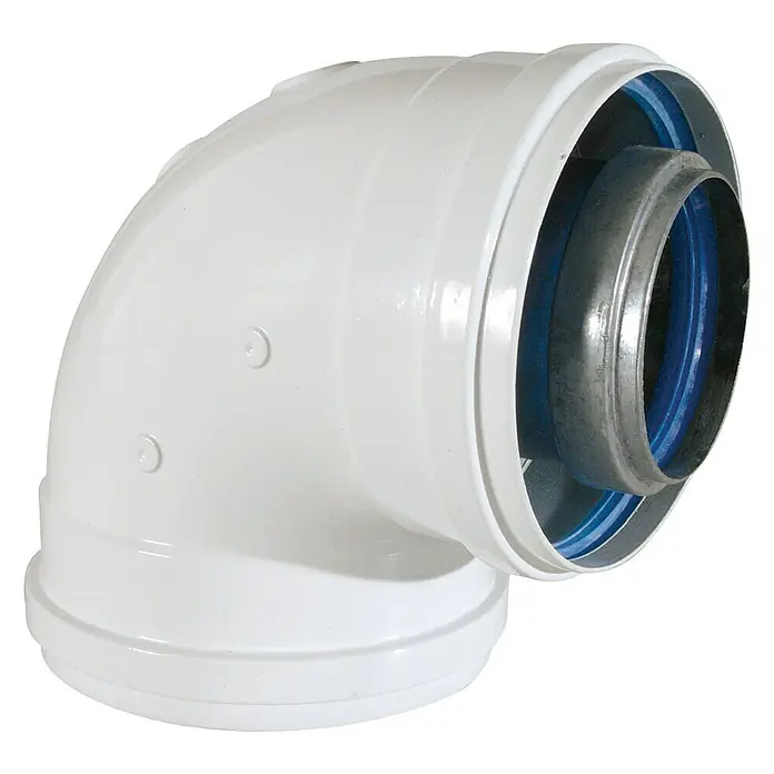 Codo coaxial 90º H-H - Diámetro: 60.100 mm, 90 ° - Codo de tubo de desagüe blanco de 90 grados con junta azul y manguito metálico para fontanería.