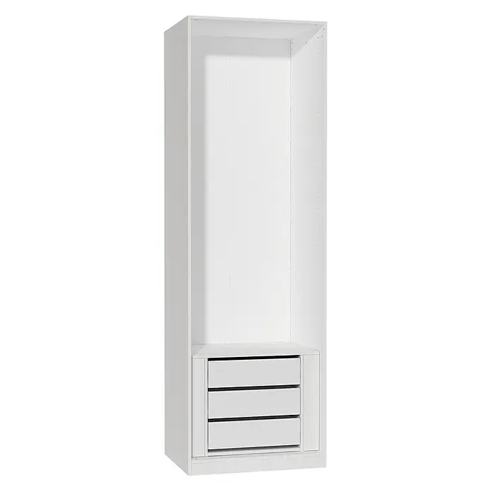 Finsa Módulo de armario con cajones - L x An x Al: 50 x 52,8 x 71,8 cm, Blanco - Imagen de un armario blanco abierto con tres cajones en la parte inferior. El armario ofrece mucho espacio de almacenamiento y es ideal para dormitorios.