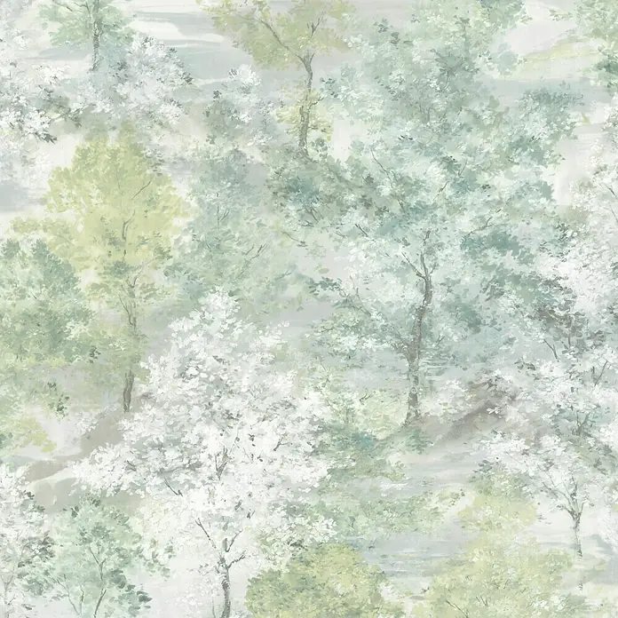 Papel pintado árboles difuminados - Verde, 10 x 0,53 m - Un diseño de papel pintado suave y pictórico con árboles en tonos de blanco, verde y azul, que representa una serena escena de bosque, añadiendo un ambiente tranquilo a cualquier habitación.