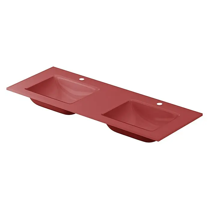 Lavabo doble Cristal - 121 x 46 cm, Orificios para grifo: Medio, Vino tinto, Vidrio - Tocador doble con lavabo rojo llamativo con cubetas rectangulares y orificios para grifos para un baño moderno.