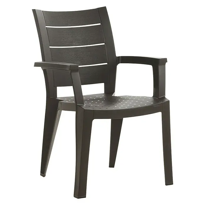 Silla de jardín Legno - Marrón, Polipropileno, Apilable, 60 x 59 x 87 cm - Silla de jardín de plástico marrón con reposabrazos y respaldo con ranuras horizontales, ideal para exteriores.