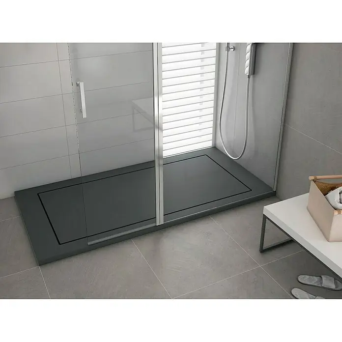 Torvisco Plato de ducha Stark - L x An: 70 x 120 cm, Grafito - Un moderno plato de ducha a nivel de suelo en gris, con un diseño minimalista perfecto para un ambiente de baño elegante.