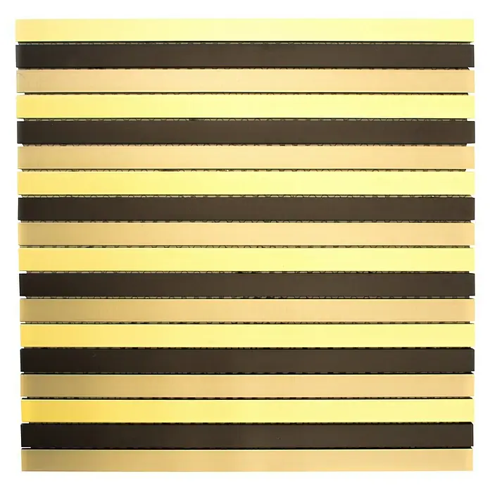 Mosaikfliese Stäbchen Mix ALF B301 - 30 x 30 cm, Schwarz/Gold, Matt - Ein quadratisches Mosaik aus abwechselnd goldenen und dunkelbraunen horizontalen Streifen. Die Streifen sind durch feine Fugen getrennt.