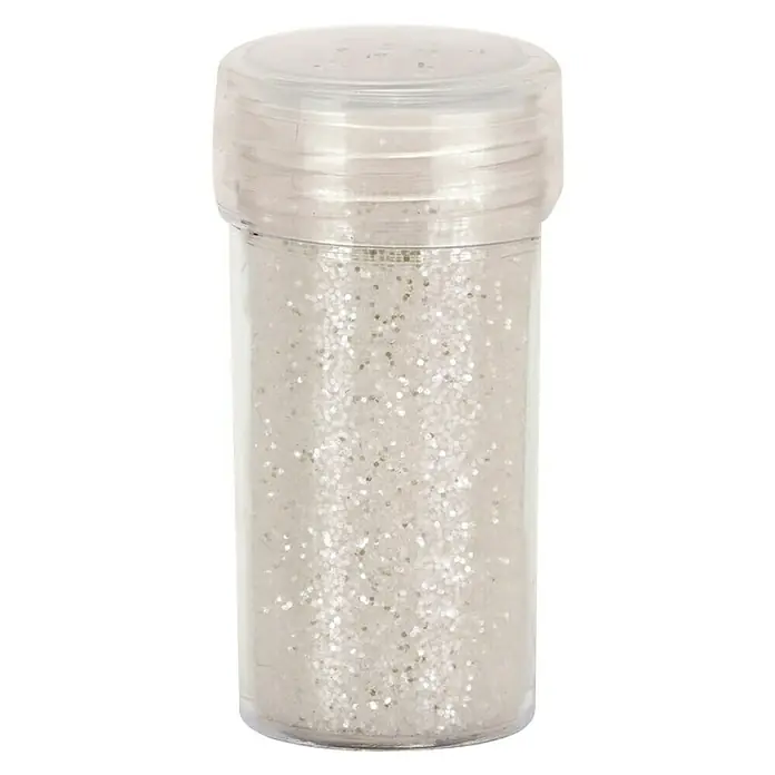Glorex Deko-Effekt-Flitter - Weiß, 14 ml - Nahaufnahme eines durchsichtigen Behälters mit silbernem Glitzer, der sich ideal für Bastelprojekte und festliche Dekorationen eignet.