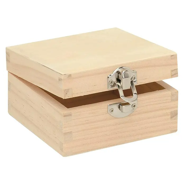 Holzbox - 10 x 10 x 5,5 cm, Holz - Geöffnete, unbehandelte Holzkiste mit silberfarbenem Verschluss. Ideal zum Dekorieren, Basteln und Aufbewahren von kleinen Gegenständen.