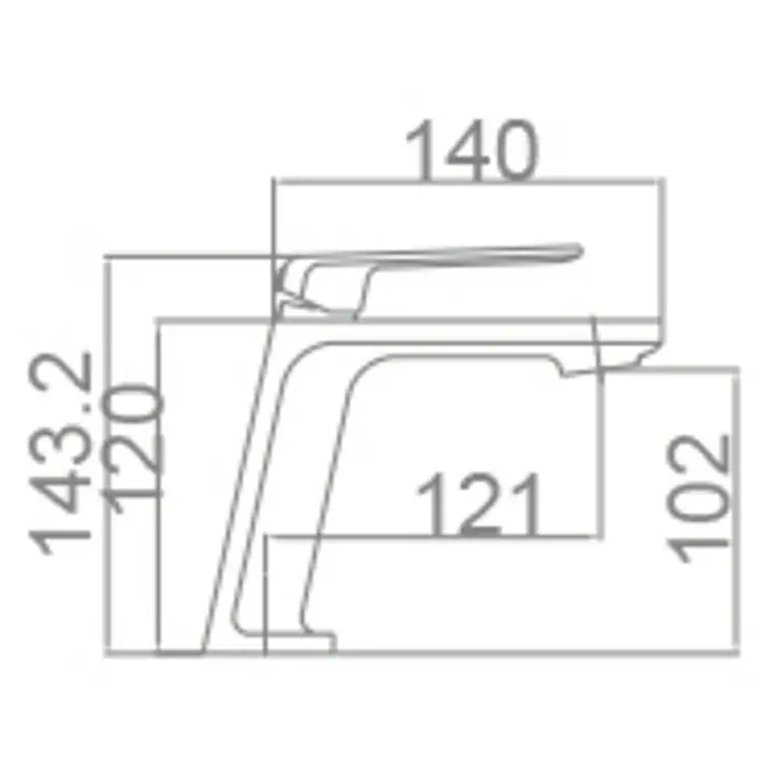 Imex Fiyi Grifo de lavabo - Blanco, Mate - Esquema del grifo con dimensiones, altura 143,2 mm, proyección 140 mm y altura del caño 102 mm.