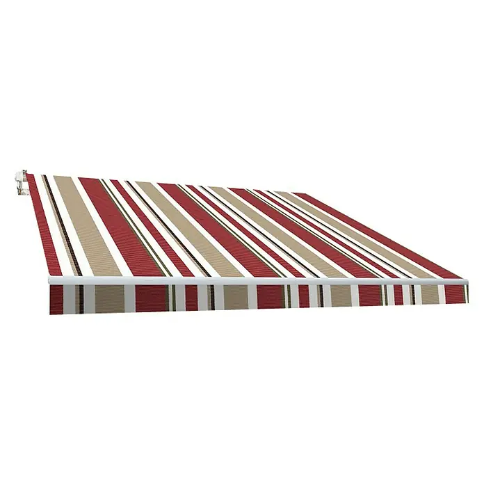 SmartSun Toldo de brazos extensibles Original Kit Poliéster - Beige/Burdeos, Ancho: 4 m, Caída: 2,5 m - Un toldo de rayas rojas y beige proporciona una protección solar elegante para espacios exteriores, creando sombra.