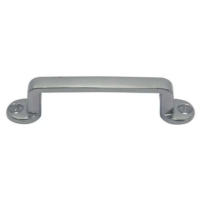 Marinetech GriffL x B x H: 18 x 100 x 25 mm, Anzahl Bohrungen: 2 Stk., Edelstahl, A2 - Nahaufnahme eines glänzenden, verchromten Möbelgriffs mit Befestigungslöchern, ideal für Schubladen und Schränke.