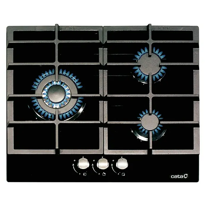 Cata Placa de cocción de cristal LCI 6021 BK - L x An: 50 x 58 cm, Número de quemadores de gas: 3 ud. - Placa de gas Cata negra con cuatro quemadores y mandos de control. Diseño moderno para cualquier cocina.