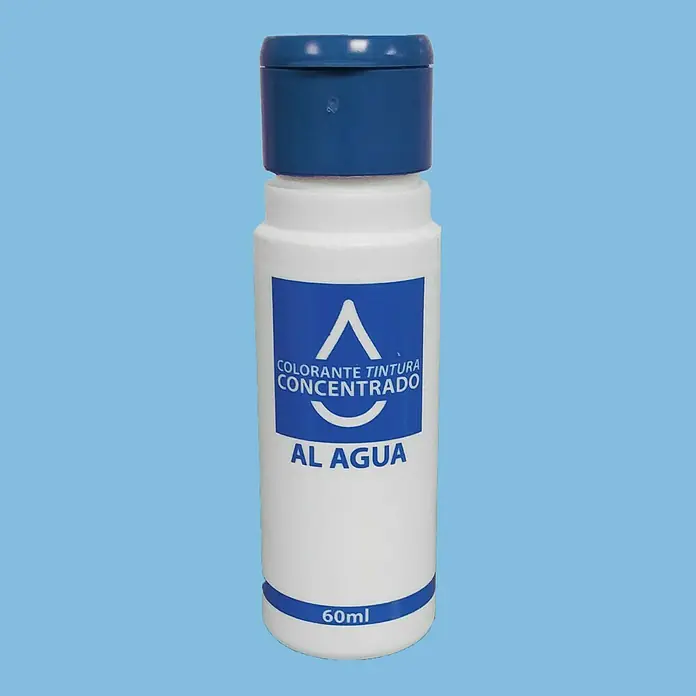 Colorante Concentrado al agua - Azul, 60 ml - Imagen de un frasco de 60 ml de tinte concentrado al agua, cerrado con un tapón azul y etiquetado con texto en español.