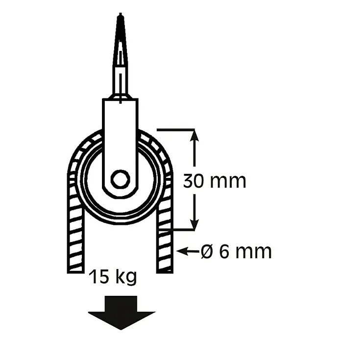 HBS Betz Seilrolle - Typ: Vogelseilrolle, Polyamid, Traglast: 15 kg, Durchmesser: 30 mm, 2 Stk. - Darstellung einer Umlenkrolle mit den Maßen 30 mm Höhe und 6 mm Durchmesser, belastet mit 15 kg.