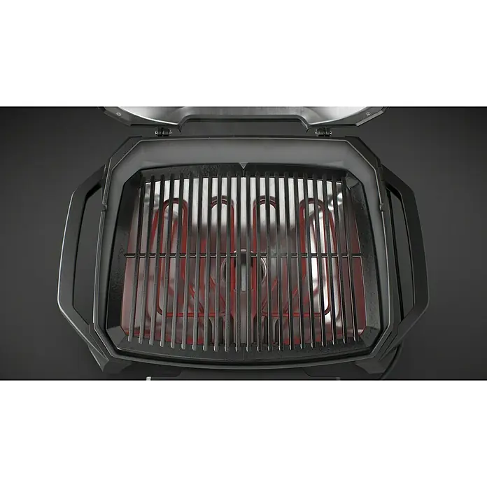 Weber Elektrogrill Pulse 2000 - Grillfläche (B x T): 49 x 39 cm, 2.200 W - Nahaufnahme eines offenen, elektrischen Grills mit glühenden Heizelementen und Grillrost. Ein kompakter und moderner Grill für drinnen und draußen.