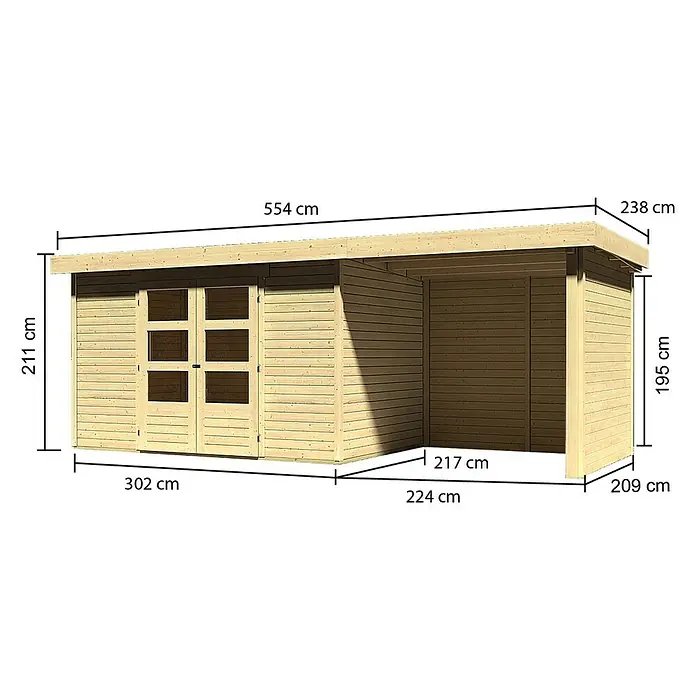 Karibu Gartenhaus Askola - Außenmaß inkl. Dachüberstand (B x T): 554 x 238 cm, Holz, Natur, Mit Anbau, Rück- und Seitenwand - Abbildung eines Holzgartenhauses mit den Abmessungen 554 cm Länge, 211 cm Höhe und 302 cm Breite mit überdachtem Anbau.