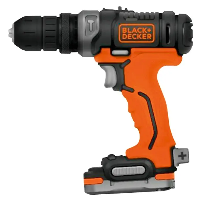 Black+Decker Taladro atornillador percutor de batería BDCHD12S1-XJ - 12 V, 1 batería, 40 Nm - Taladro inalámbrico naranja Black+Decker con portabrocas negro y detalles grises, mostrado en un entorno aislado y bien iluminado. El taladro está de pie.