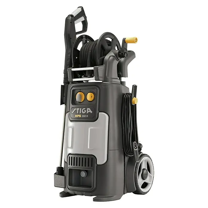 Stiga Hochdruckreiniger HPS 550 R - 2.500 W - Das Bild zeigt einen Hochdruckreiniger Stiga HPS 550 R, der für seine Effizienz und Benutzerfreundlichkeit bekannt ist. Ideal für Reinigungsarbeiten im Außenbereich.