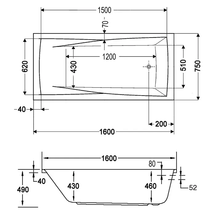 Ottofond Badewanne Santos - 160 x 75 cm, Sanitäracryl, Weiß - Eine schematische Darstellung einer Badewanne mit verschiedenen Maßangaben für Design und Installation.