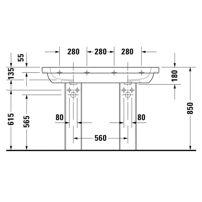 Duravit D-Code Doppelwaschtisch - 120 x 49 cm, Ohne Spezialglasur, Hahnloch: Mitte, Mit Überlauf, Weiß - Technische Zeichnung eines Waschtisches mit Maßangaben. Das Design zeigt eine detaillierte Übersicht für Installation und Planung.