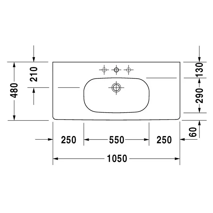 Duravit D-Code Waschtisch - 105 x 48 cm, Ohne Spezialglasur, Hahnloch: Mitte, Mit Überlauf, Weiß - Bild zeigt eine technische Zeichnung eines Waschtisches mit Maßangaben. Die Gesamtbreite beträgt 1050 mm, die Tiefe 480 mm.
