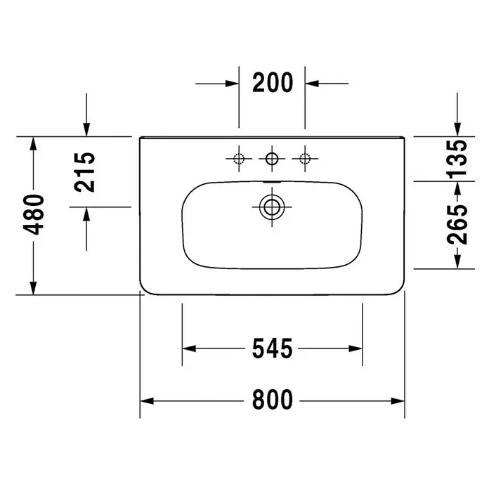 Duravit DuraStyle Waschtisch Typ 1 - 80 x 48 cm, Ohne Spezialglasur, Hahnloch: Mitte, Mit Überlauf, Weiß - Technische Zeichnung eines rechteckigen Waschbeckens mit präzisen Maßangaben für Installation und Design.