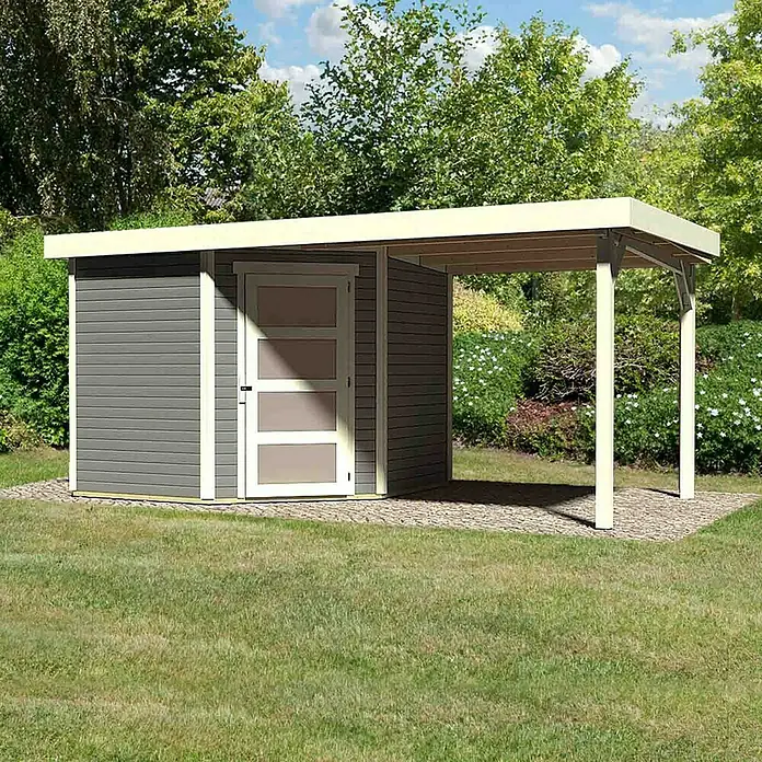 Karibu Gartenhaus Schwandorf 5 - Außenmaß inkl. Dachüberstand (B x T): 492,5 x 262 cm, Holz, Terragrau, Mit Seitendach - Geräumiges Gartenhaus mit Überdachung, ideal zur Aufbewahrung von Gartengeräten und als wettergeschützter Bereich im Freien.