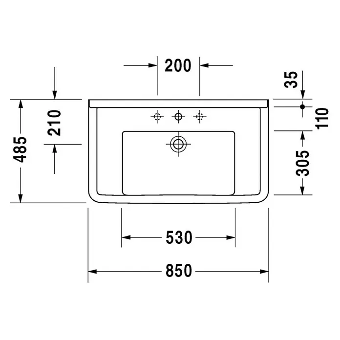 Duravit Starck 3 Waschtisch Typ 1 - 85 x 48,5 cm, Ohne Spezialglasur, Hahnloch: Mitte, Mit Überlauf, Weiß - Technische Zeichnung des Waschbeckens mit Maßen, einschließlich Breite 850 mm, Tiefe 485 mm und Details zur Armaturposition.