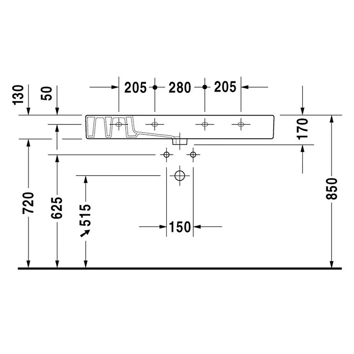 Duravit Vero Waschtisch - 105 x 49 cm, Ohne Spezialglasur, Hahnloch: Mitte, Mit Überlauf, Weiß, Ungeschliffen - Technische Zeichnung eines Waschtischs mit Bemaßungen für die Installation. Wichtige Maße für Sanitärinstallationen sind hervorgehoben.