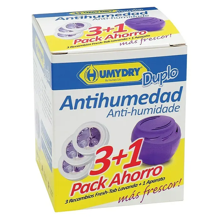 Humydry Pack deshumidificador Duplo 3+1 - 3 ud., Lavanda - Humydry Duplo Antihumedad recambio para deshumidificador con aroma a lavanda, pack de 3+1 para un ambiente fresco.