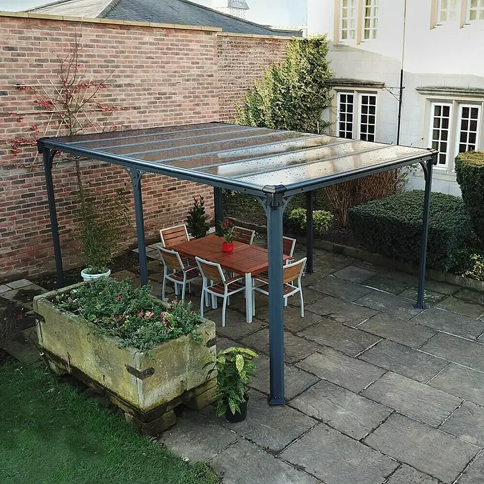 Palram – Canopia Pérgola estándar Milano - An x Pr: 435,9 x 315,5 cm, Color del armazón: Antracita, Aluminio - Un elegante conjunto de comedor exterior con un pabellón para proteger de los elementos. El conjunto ofrece comodidad y estilo para las comidas al aire libre.