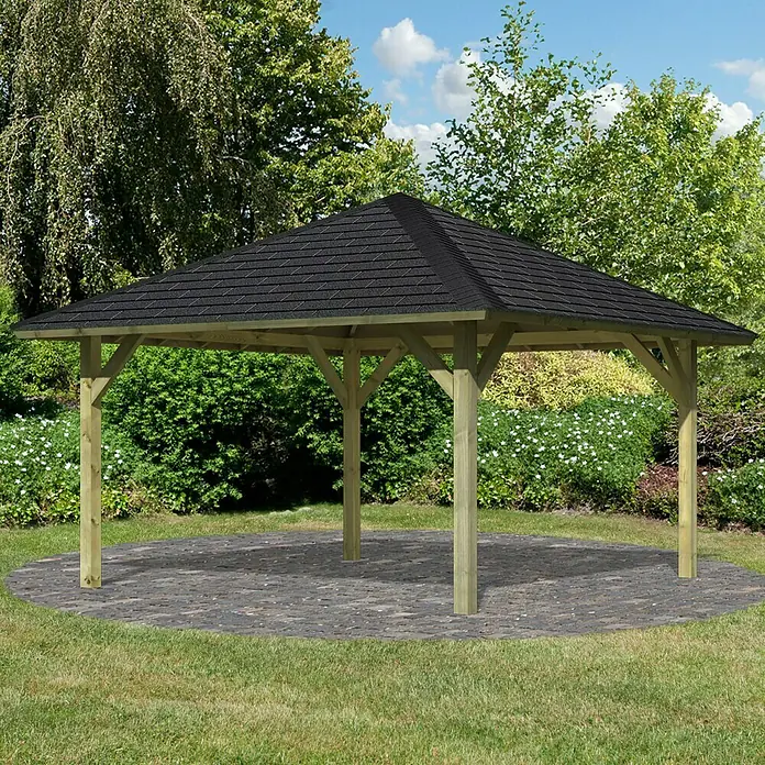 Karibu Pavillon Holm 1 Set - 431 x 431 cm, Schwarz, Natur - Bild eines Pavillons mit einem schwarzen Dach.