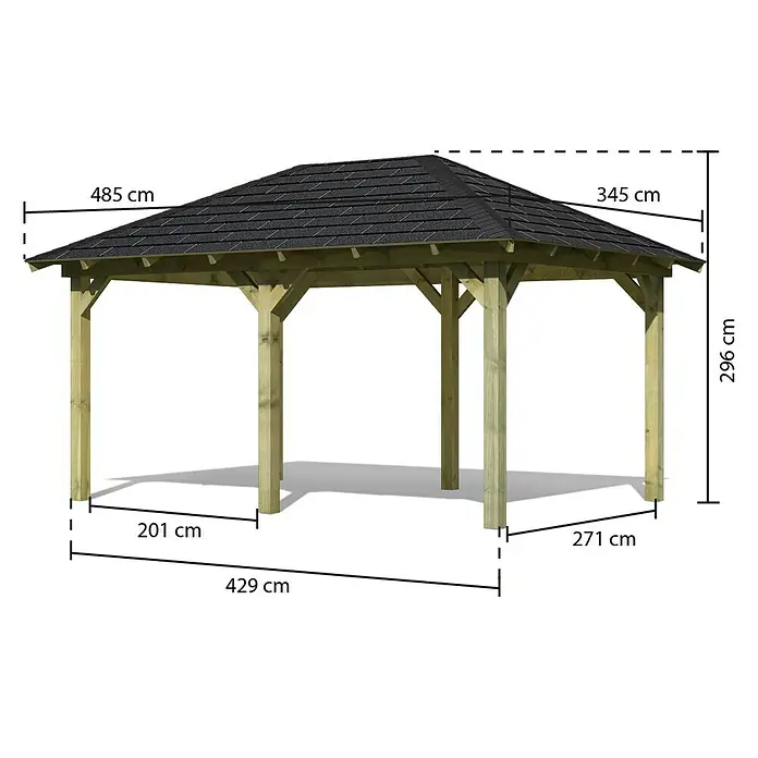 Karibu Pavillon Perida Set - 485 x 345 cm, Schwarz, Natur - Abbildung eines Holzpavillons mit Maßangaben für seine Größe.