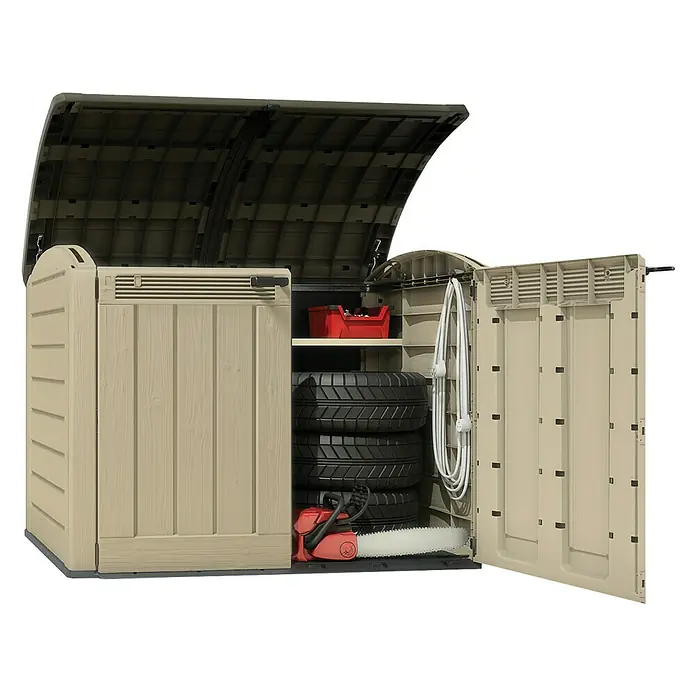 Keter Arcón Store It Out Ultra - L x An x Al: 113 x 177 x 134 cm, Marrón claro - Amplio arcón de almacenamiento con tapa abierta, neumáticos, motosierra y caja roja. Ideal para jardín y herramientas.