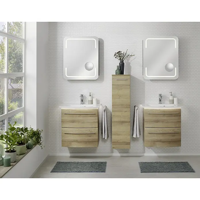 Camargue Stella LED-Spiegelschrank - B x H: 51 x 73,7 cm, Holz, Weiß, DIN Anschlag: Links, Kantenausführung Tür: Abgerundet - Ein modernes Badezimmer-Set mit zwei Waschtischen und Spiegeln mit LED-Beleuchtung, ergänzt durch einen passenden Hochschrank in Holzoptik.